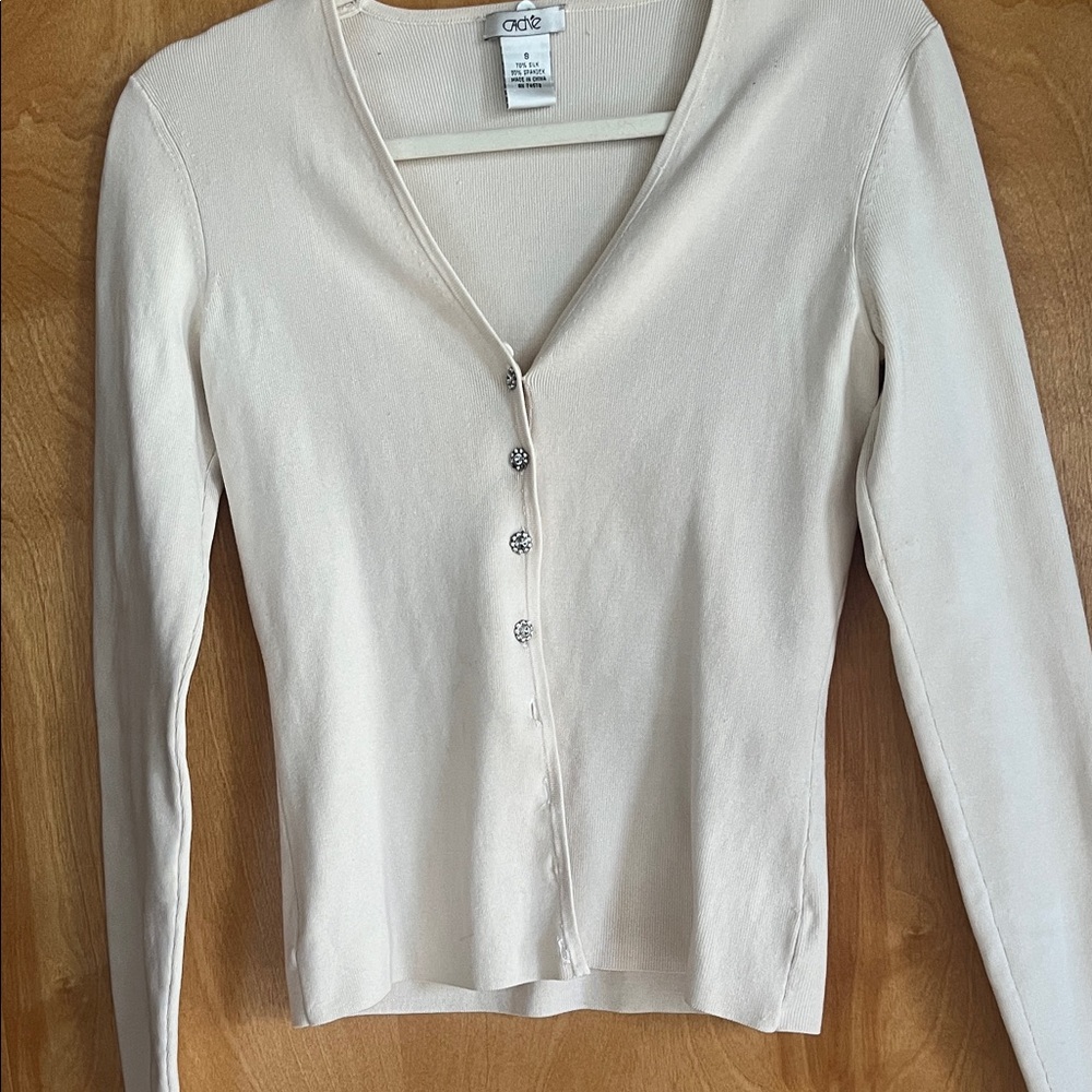 Vintage Cache Rhinestone Button Cardigan Cream V Neck Sweater Small Y2K